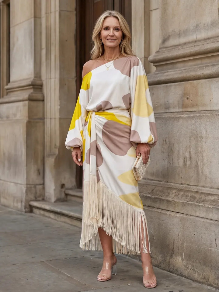 Women's Elegant Long Sleeve Midi Wedding Guest Dress with Asymmetric Neckline