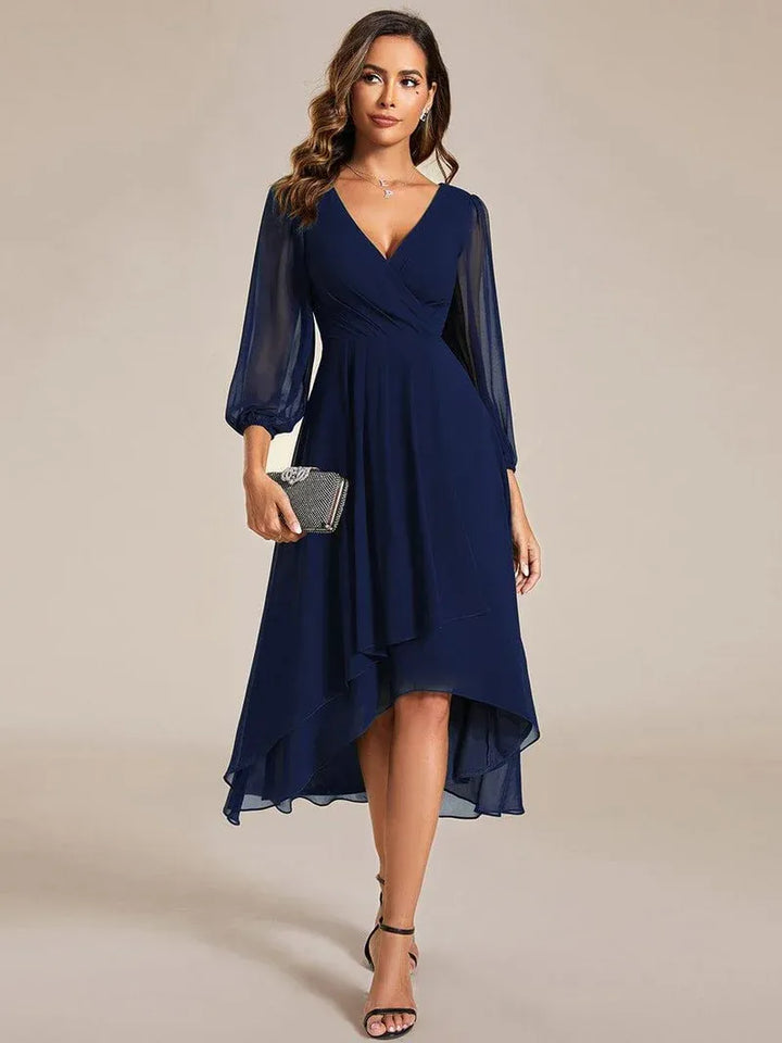 Women's Elegant Long Sleeve Wedding Guest Dress with V-Neck