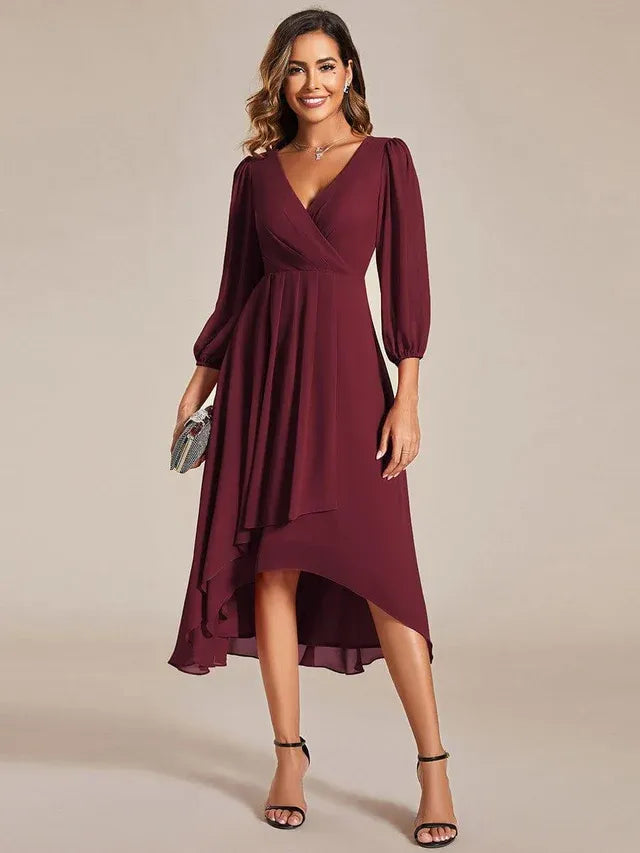 Women's Elegant Long Sleeve Wedding Guest Dress with V-Neck