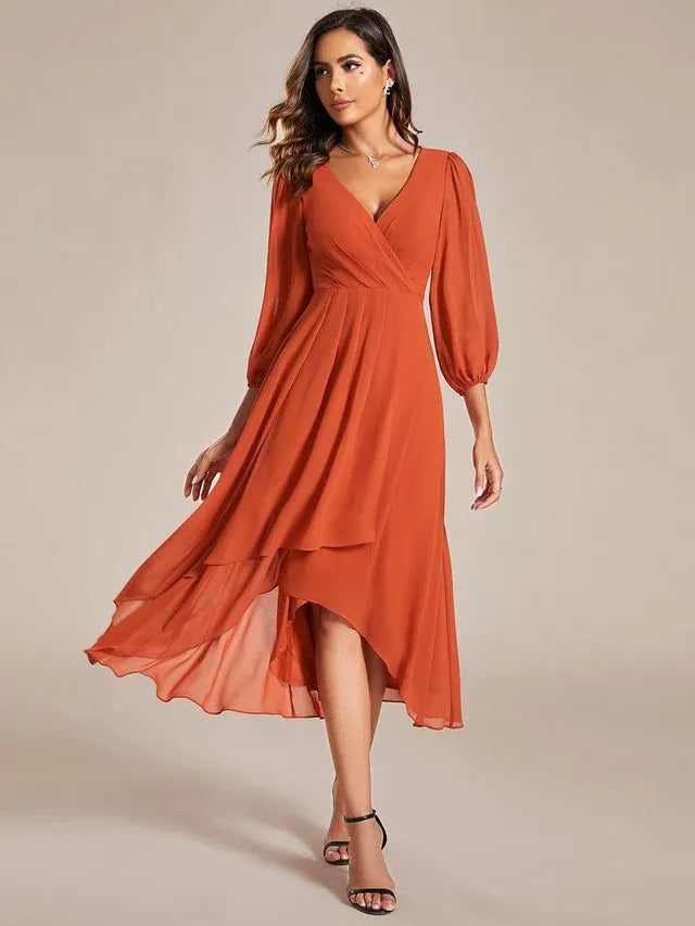 Women's Elegant Long Sleeve Wedding Guest Dress with V-Neck