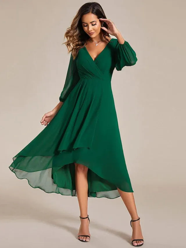 Women's Elegant Long Sleeve Wedding Guest Dress with V-Neck