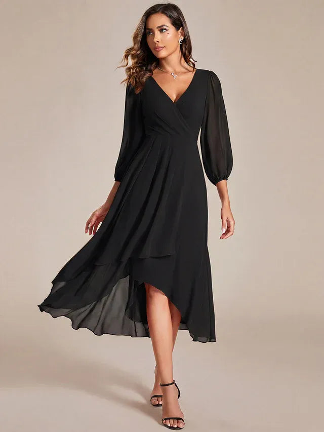 Women's Elegant Long Sleeve Wedding Guest Dress with V-Neck