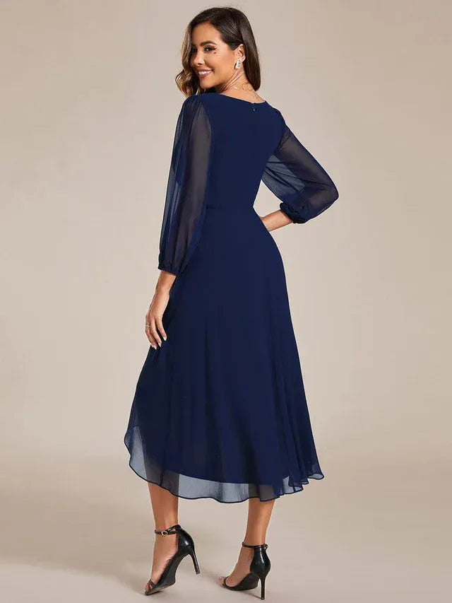Women's Elegant Long Sleeve Wedding Guest Dress with V-Neck