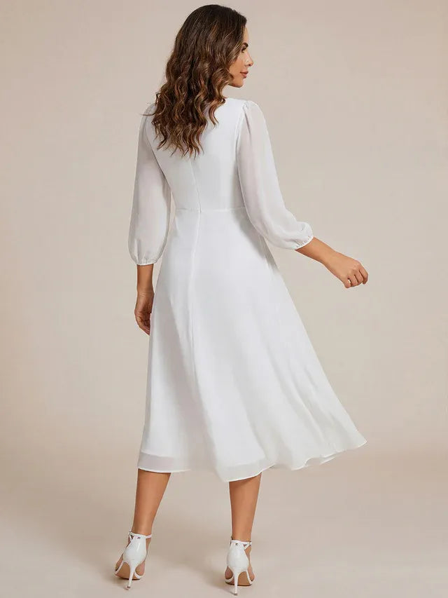 Women's Elegant Long Sleeve Wedding Guest Dress with V-Neck