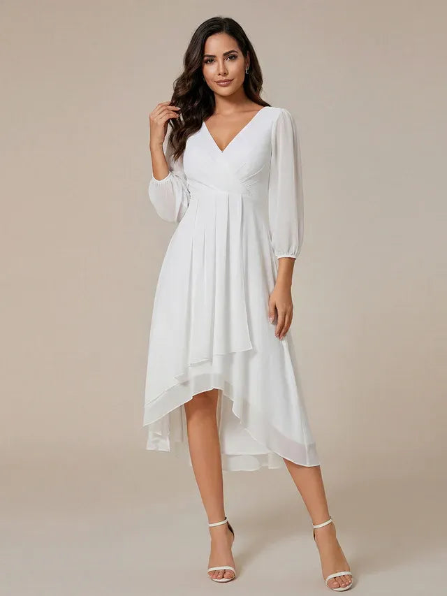 Women's Elegant Long Sleeve Wedding Guest Dress with V-Neck