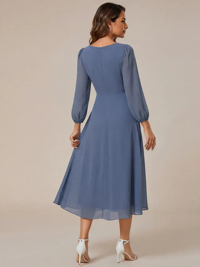 Women's Elegant Long Sleeve Wedding Guest Dress with V-Neck
