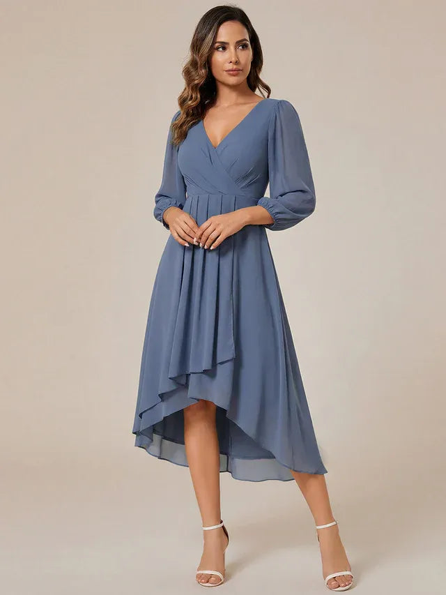 Women's Elegant Long Sleeve Wedding Guest Dress with V-Neck