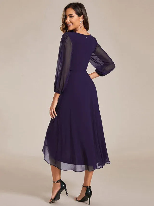Women's Elegant Long Sleeve Wedding Guest Dress with V-Neck