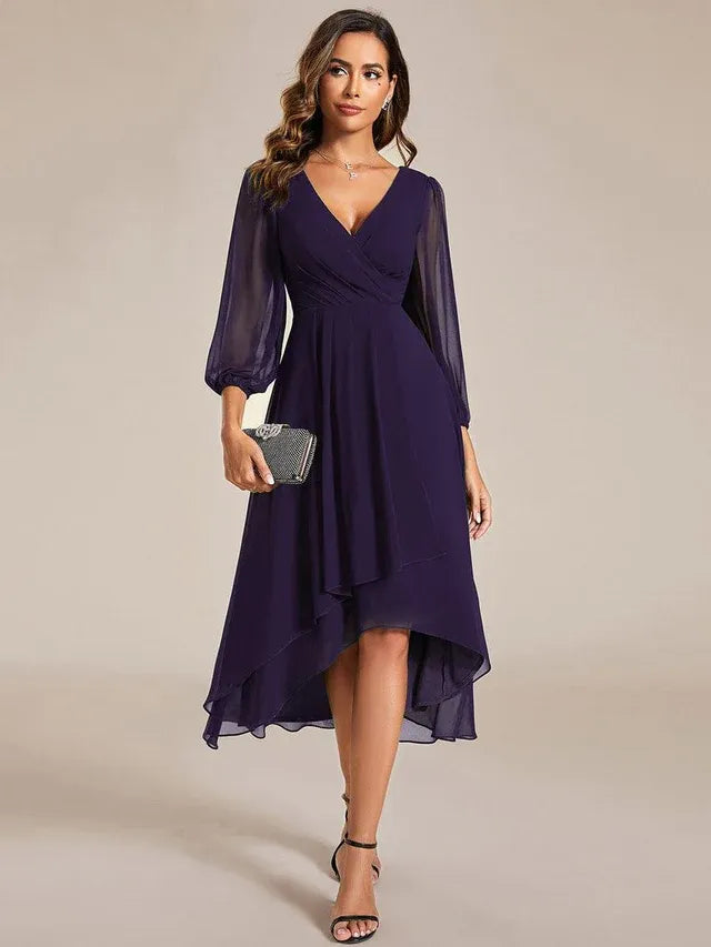 Women's Elegant Long Sleeve Wedding Guest Dress with V-Neck