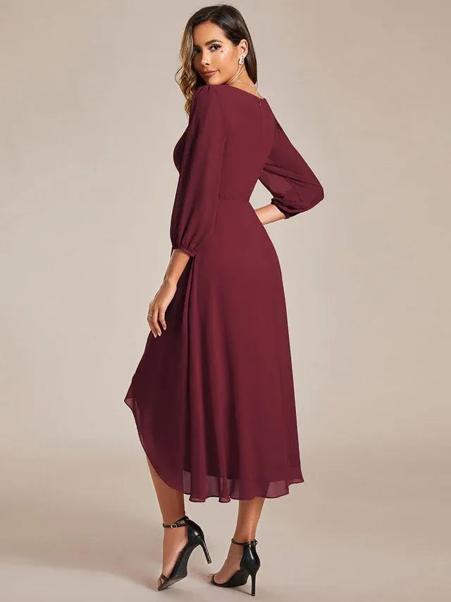 Women's Elegant Long Sleeve Wedding Guest Dress with V-Neck