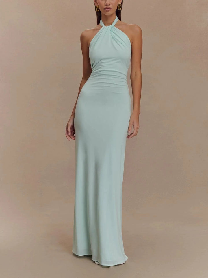 Women's Elegant Maxi Wedding Guest Dress with Halter Neckline