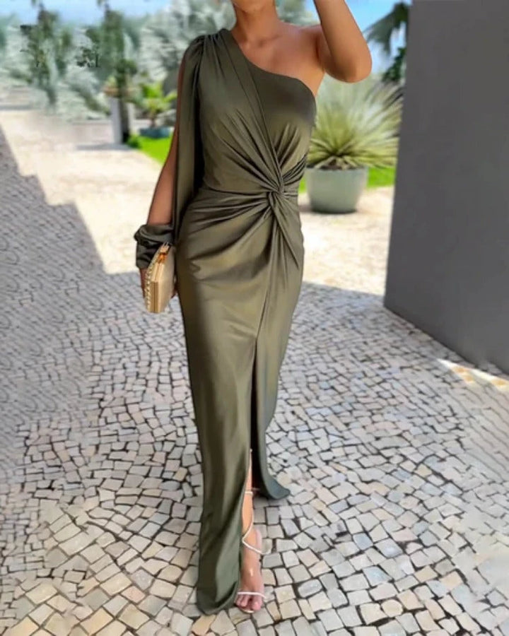 Women's Elegant Maxi Wedding Guest Dress with One Shoulder