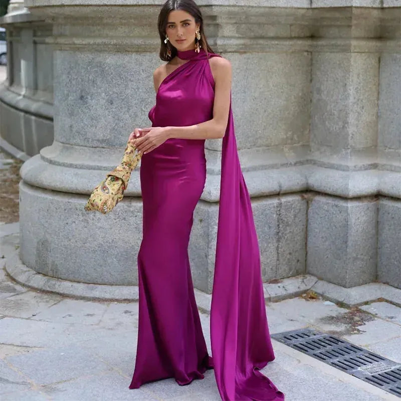 Women's Elegant One Shoulder Maxi Wedding Guest Dress with Open Back