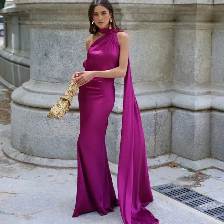 Women's Elegant One Shoulder Maxi Wedding Guest Dress with Open Back