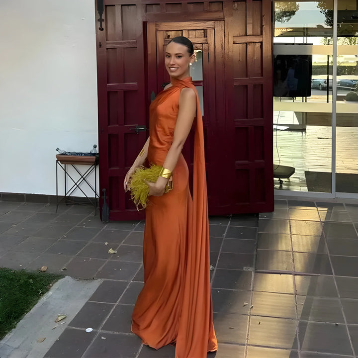 Women's Elegant One Shoulder Maxi Wedding Guest Dress with Open Back