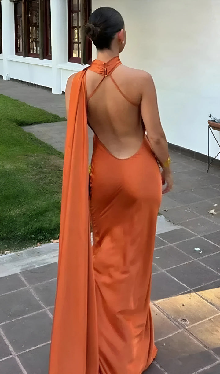 Women's Elegant One Shoulder Maxi Wedding Guest Dress with Open Back