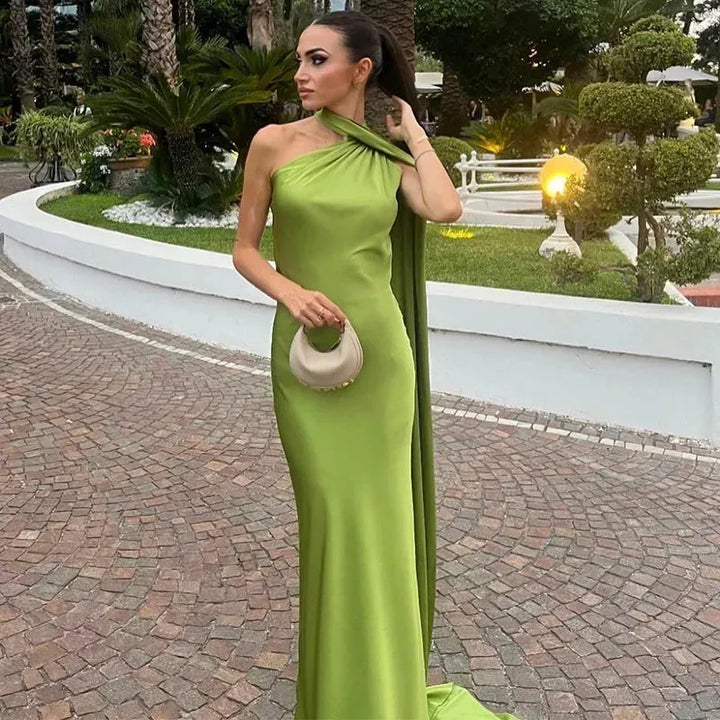 Women's Elegant One Shoulder Maxi Wedding Guest Dress with Open Back