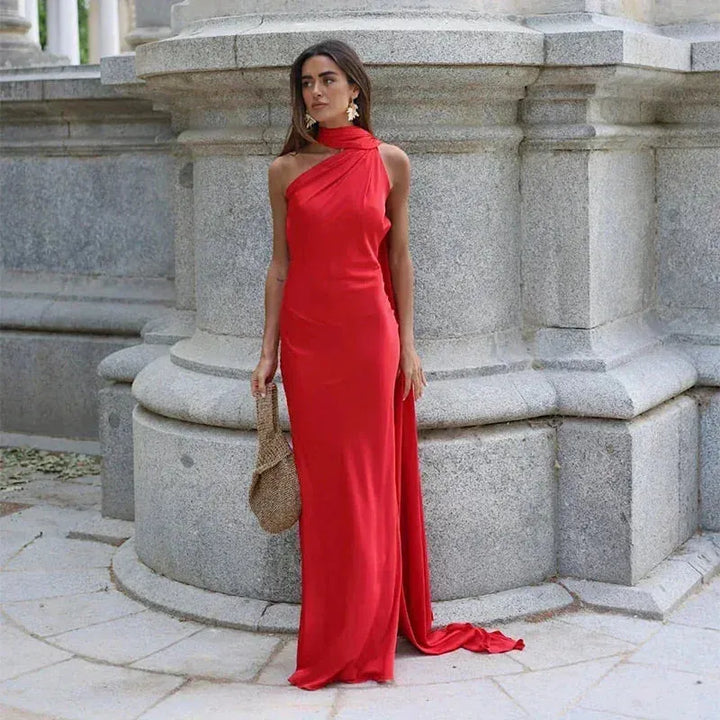 Women's Elegant One Shoulder Maxi Wedding Guest Dress with Open Back