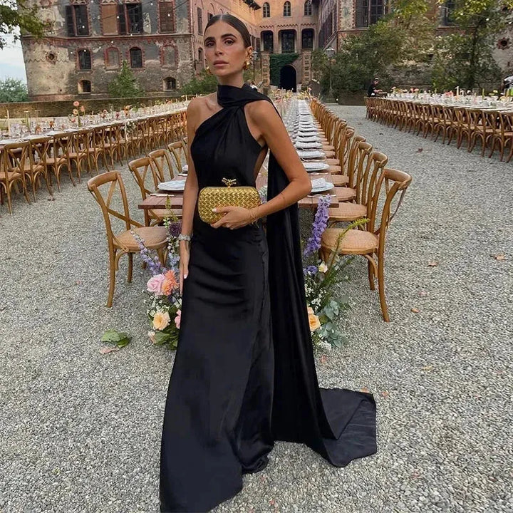 Women's Elegant One Shoulder Maxi Wedding Guest Dress with Open Back