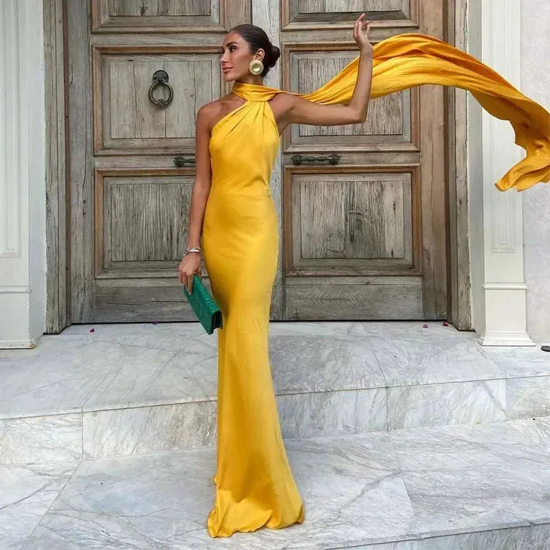 Women's Elegant One Shoulder Maxi Wedding Guest Dress with Open Back