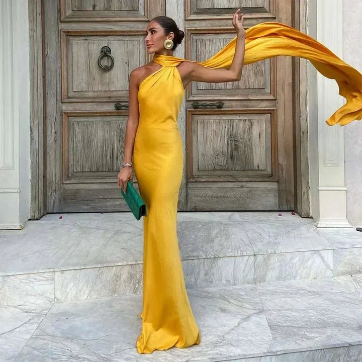 Women's Elegant One Shoulder Maxi Wedding Guest Dress with Open Back