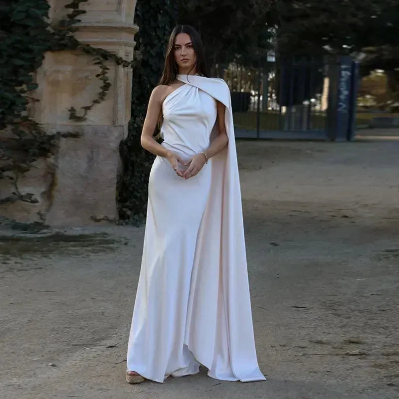 Women's Elegant One Shoulder Maxi Wedding Guest Dress with Open Back