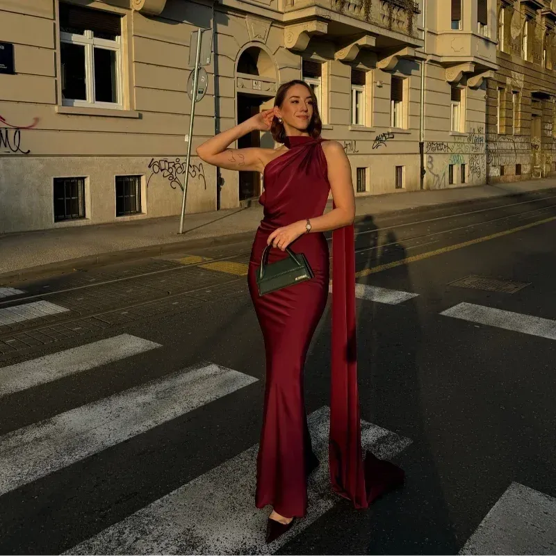 Women's Elegant One Shoulder Maxi Wedding Guest Dress with Open Back