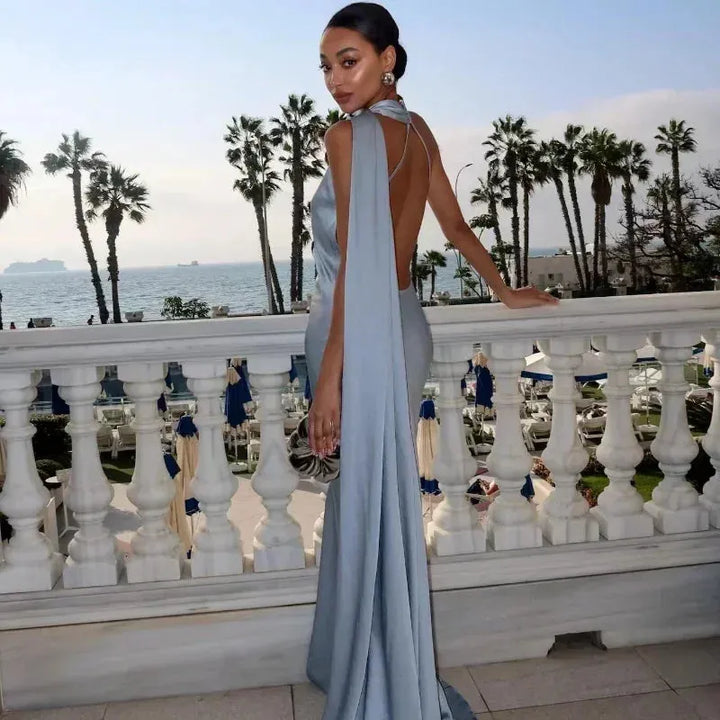 Women's Elegant One Shoulder Maxi Wedding Guest Dress with Open Back