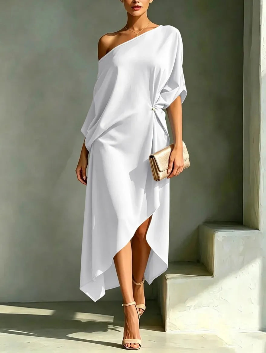 Women's One Shoulder Flowy Midi Wedding Guest Dress with Slit