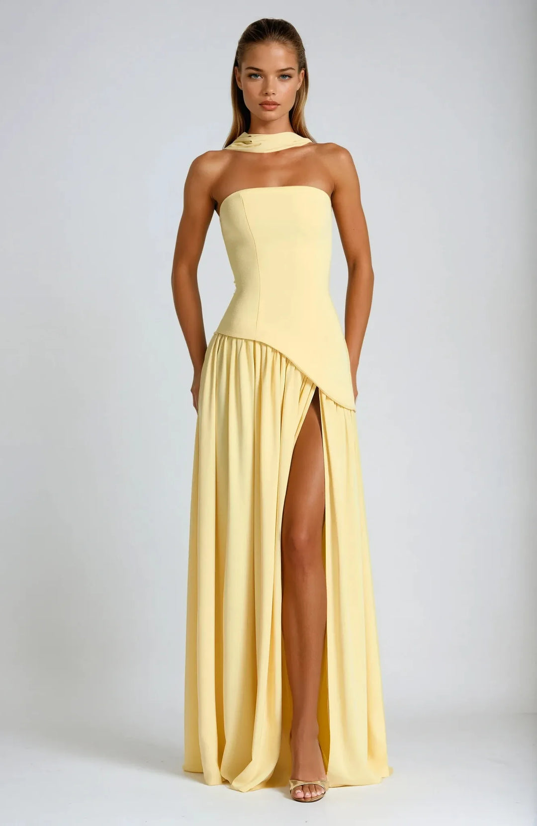 Women's Elegant Strapless Maxi Wedding Guest Dress with Slit