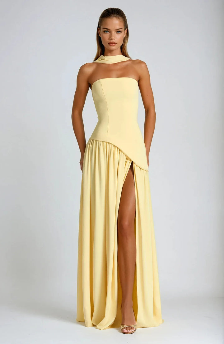 Women's Elegant Strapless Maxi Wedding Guest Dress with Slit