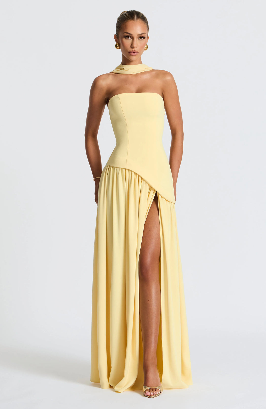 Women's Elegant Strapless Maxi Wedding Guest Dress with Slit