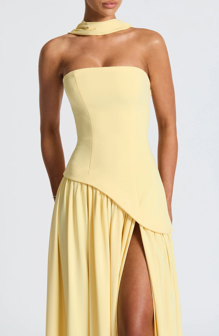 Women's Elegant Strapless Maxi Wedding Guest Dress with Slit