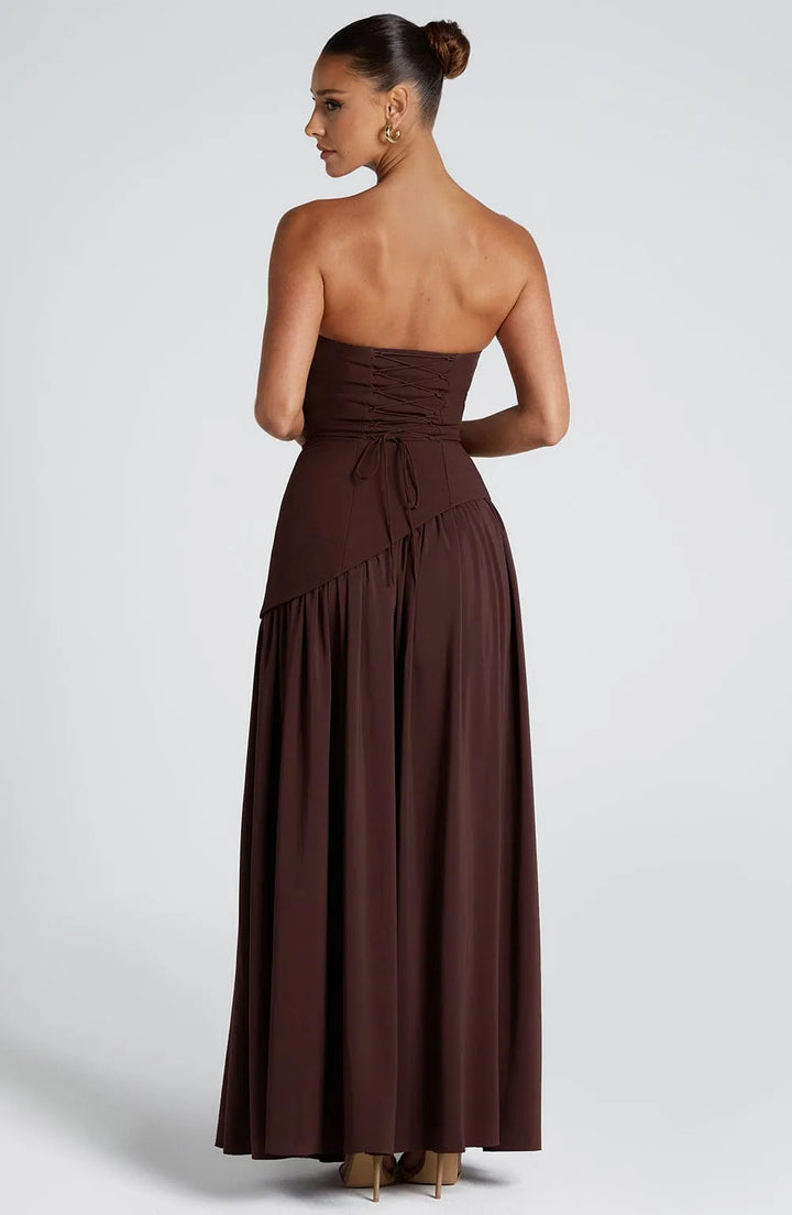 Women's Elegant Strapless Maxi Wedding Guest Dress with Slit