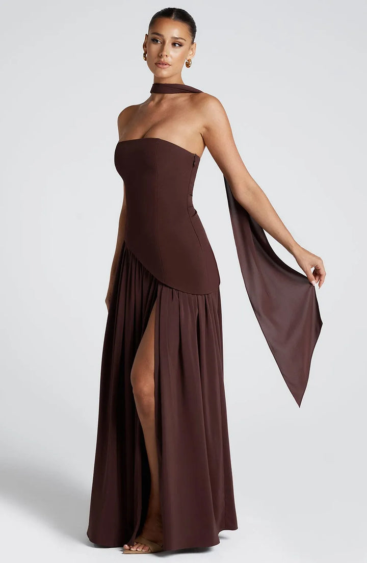 Women's Elegant Strapless Maxi Wedding Guest Dress with Slit