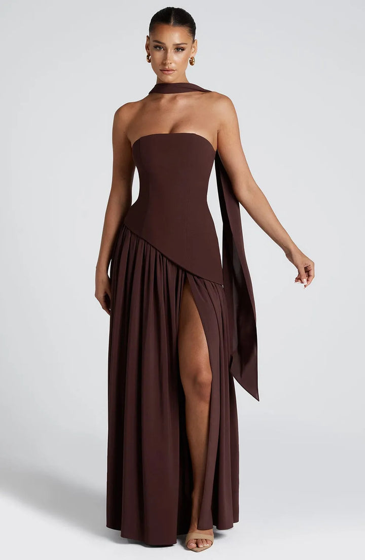 Women's Elegant Strapless Maxi Wedding Guest Dress with Slit