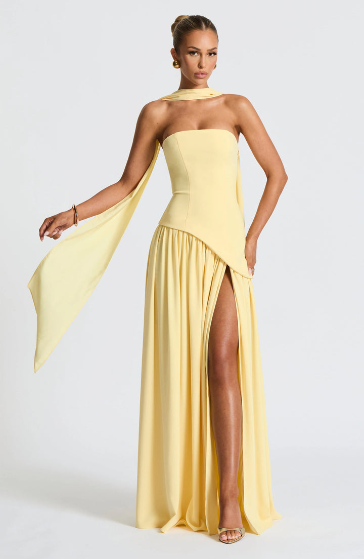 Women's Elegant Strapless Maxi Wedding Guest Dress with Slit
