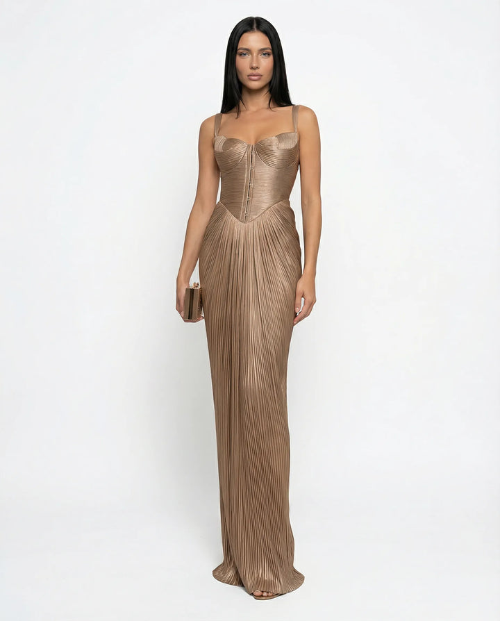 Women's Elegant Pleated Maxi Cocktail Dress with Sweetheart Neckline