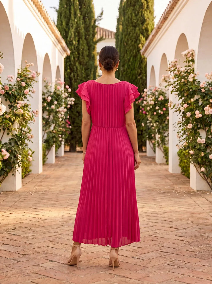 Women's Elegant Pleated Maxi Wedding Guest Dress with Flutter Sleeve