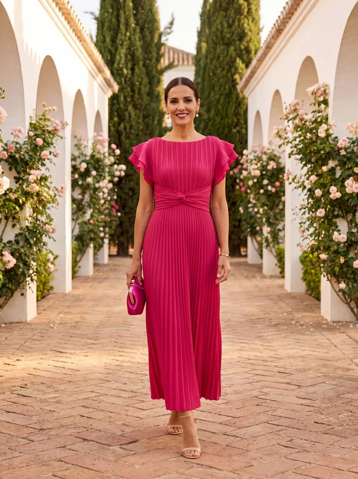 Women's Elegant Pleated Maxi Wedding Guest Dress with Flutter Sleeve