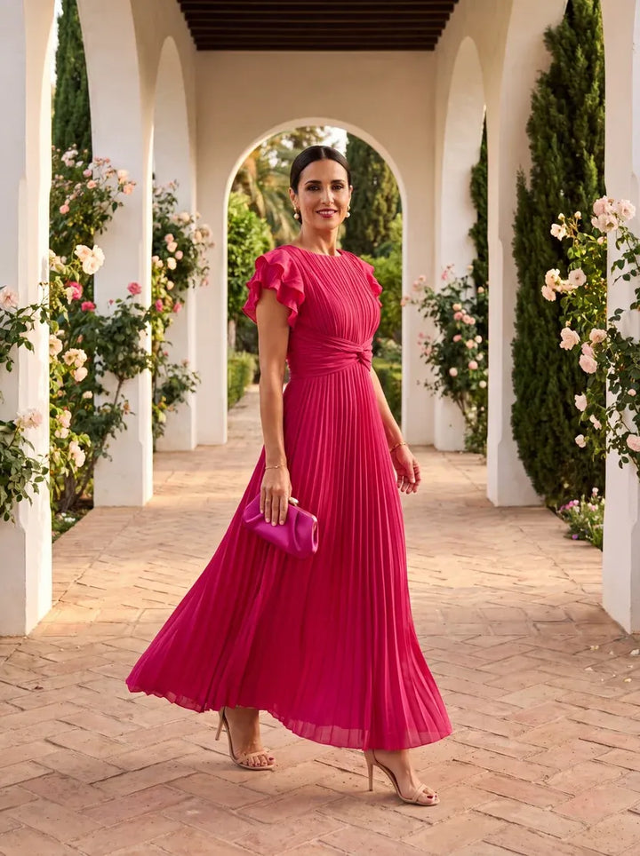 Women's Elegant Pleated Maxi Wedding Guest Dress with Flutter Sleeve