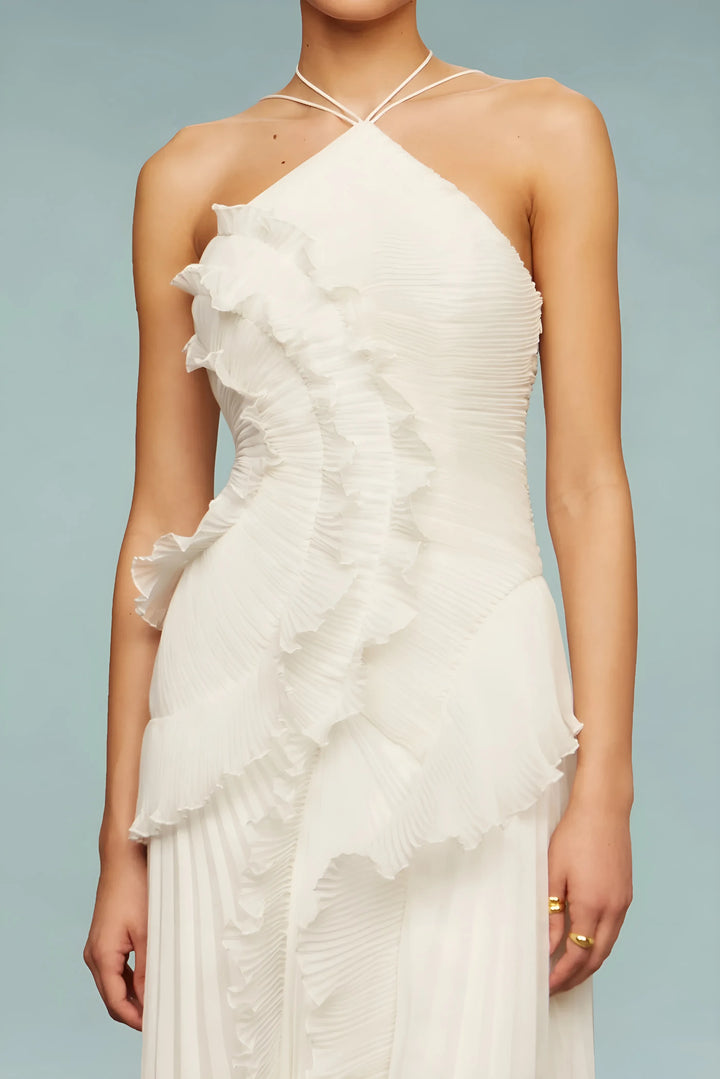 Women's Elegant Pleated Maxi Wedding Guest Dress with Halter Neck