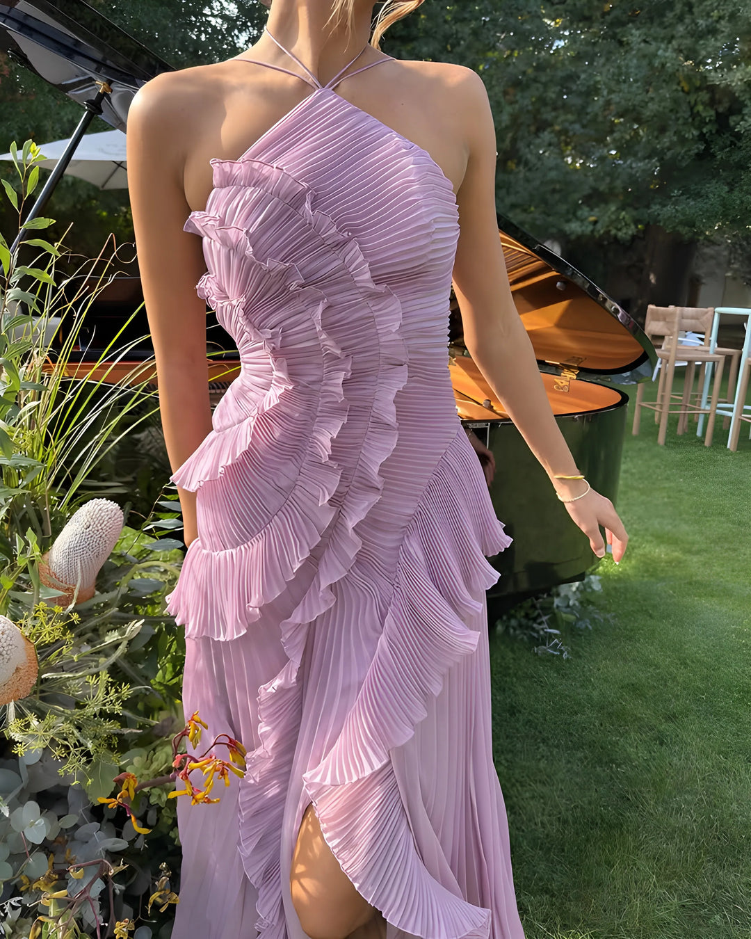 Women's Elegant Pleated Maxi Wedding Guest Dress with Halter Neck