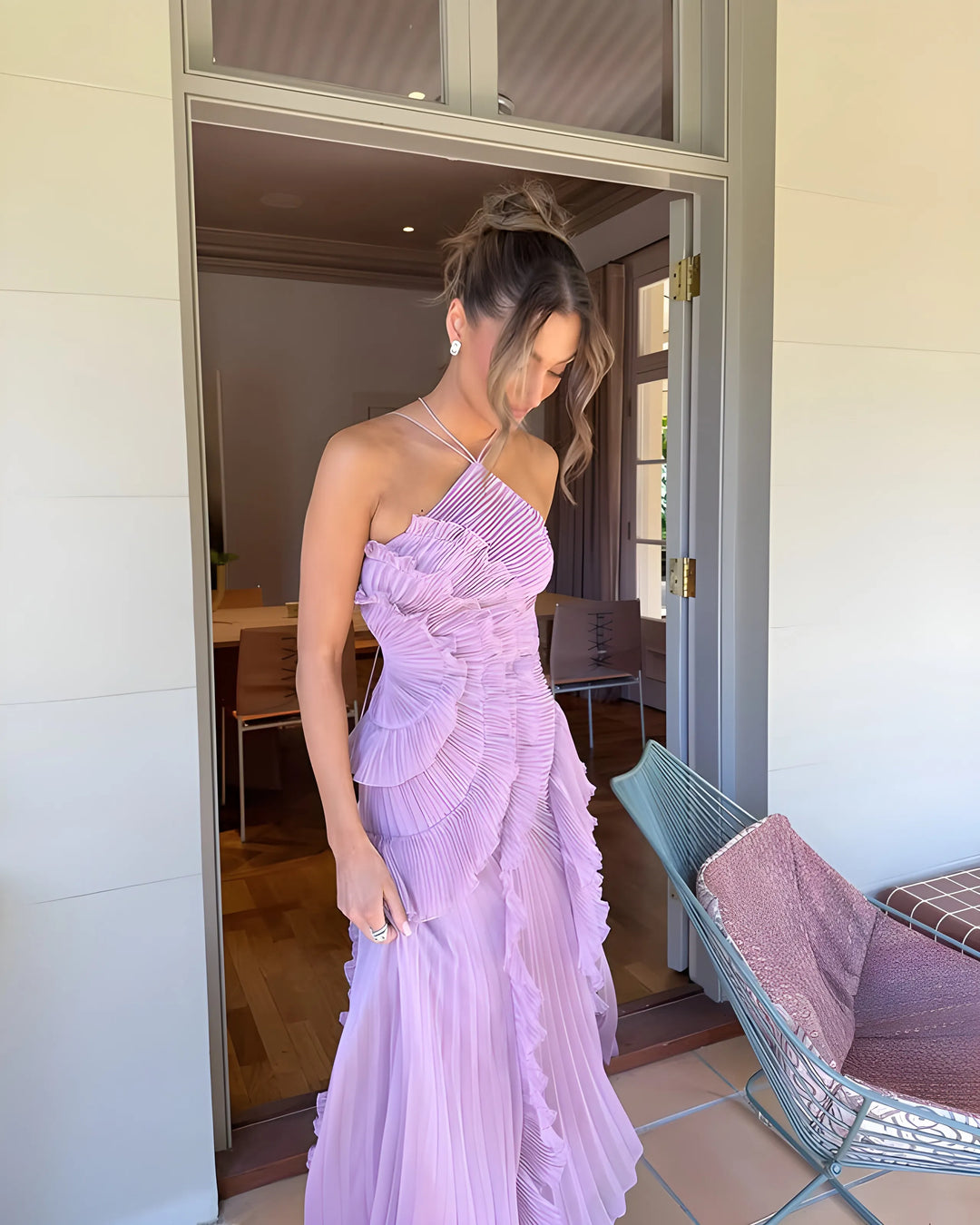 Women's Elegant Pleated Maxi Wedding Guest Dress with Halter Neck