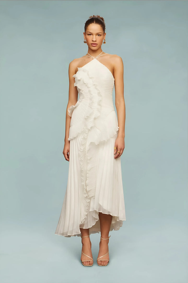 Women's Elegant Pleated Maxi Wedding Guest Dress with Halter Neck