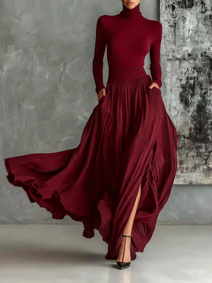 Women's Elegant Pleated Maxi Wedding Guest Dress with High Neck
