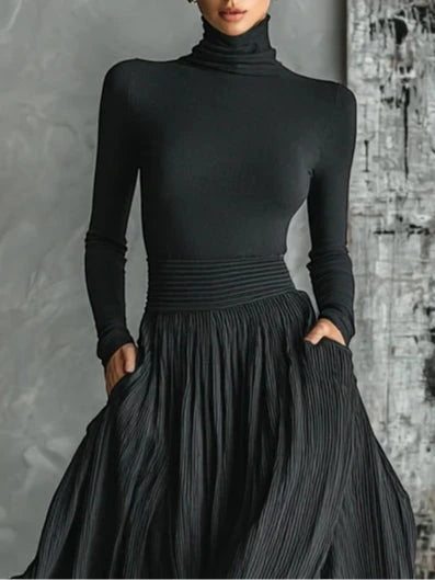 Women's Elegant Pleated Maxi Wedding Guest Dress with High Neck