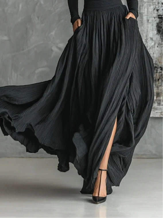 Women's Elegant Pleated Maxi Wedding Guest Dress with High Neck