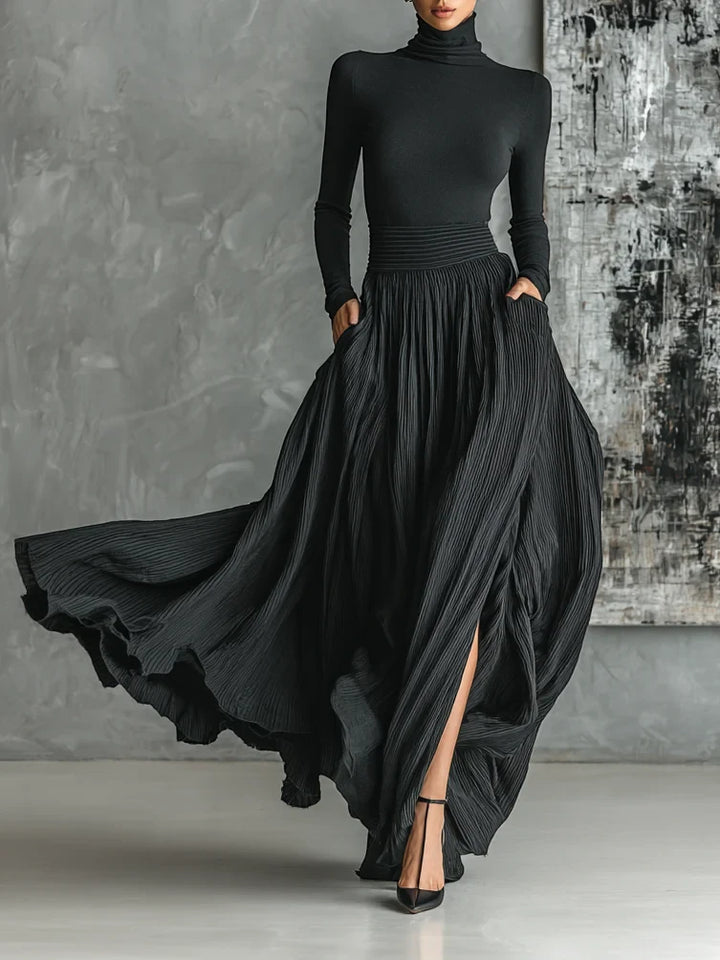 Women's Elegant Pleated Maxi Wedding Guest Dress with High Neck