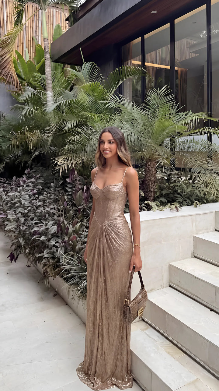 Women's Elegant Pleated Maxi Wedding Guest Dress with Sweetheart Neckline